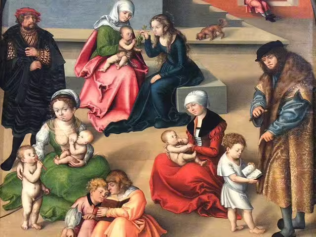 Renaissance painting depicting a group of figures in vibrant robes at the Gallery of the Academy of Fine Arts.