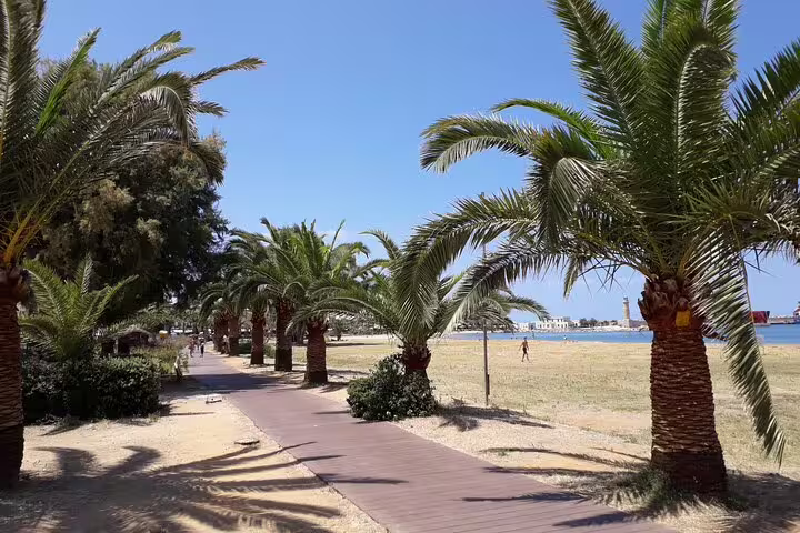 Scenic palm-lined walkway along the beach in Rethymno, ideal for exploring during the Rethymno Town tour.