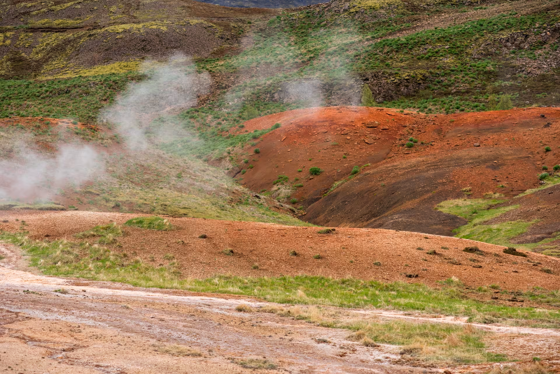 Colorful rhyolite hills and steam vents in Grændalur geothermal area on a private circle hike, Iceland