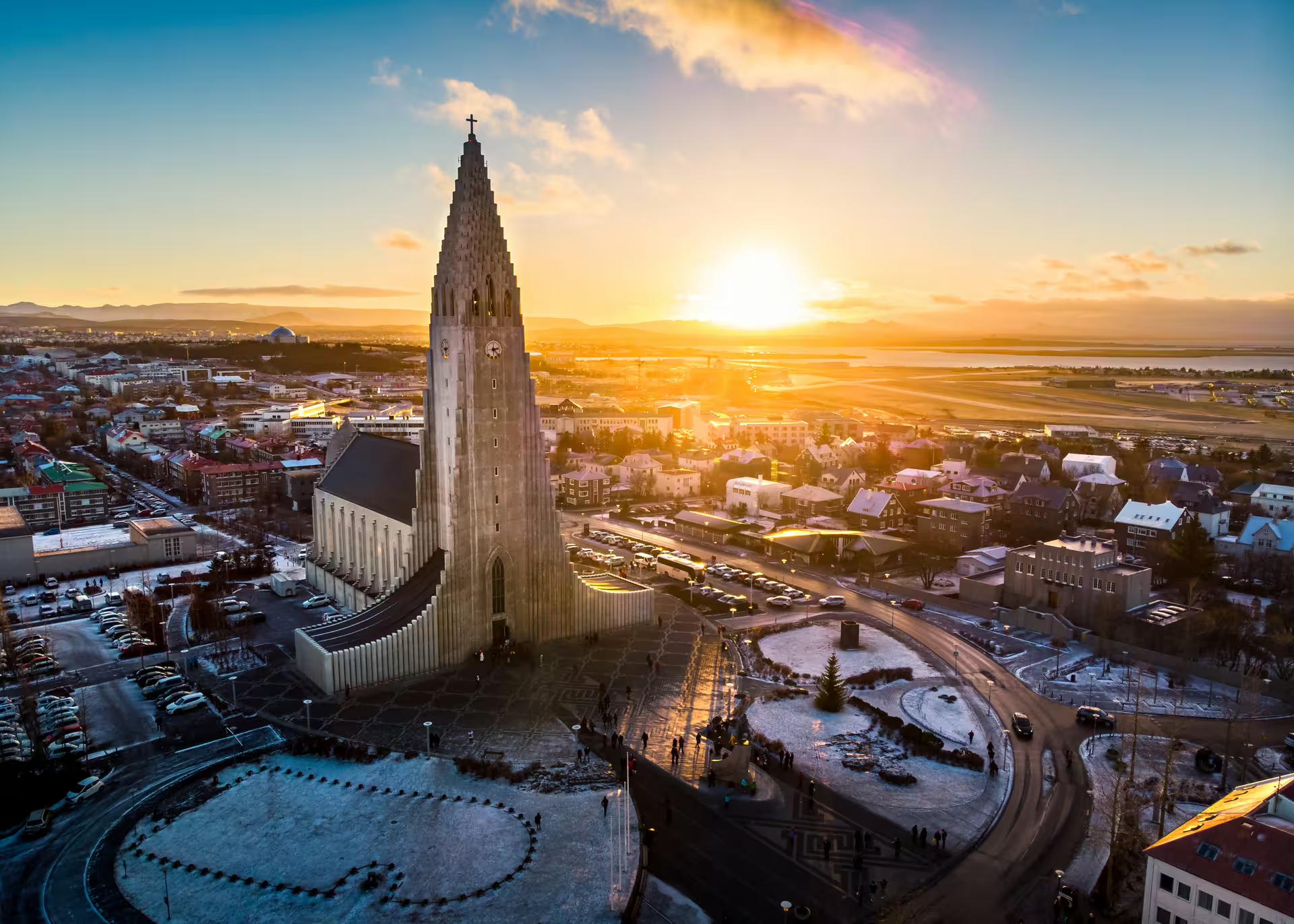 Aerial view of Reykjavik City with Hallgrimmskirkja in the center. 