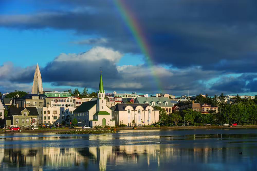 A view into Reykjavik City from Tjorninn, the City Pond. 