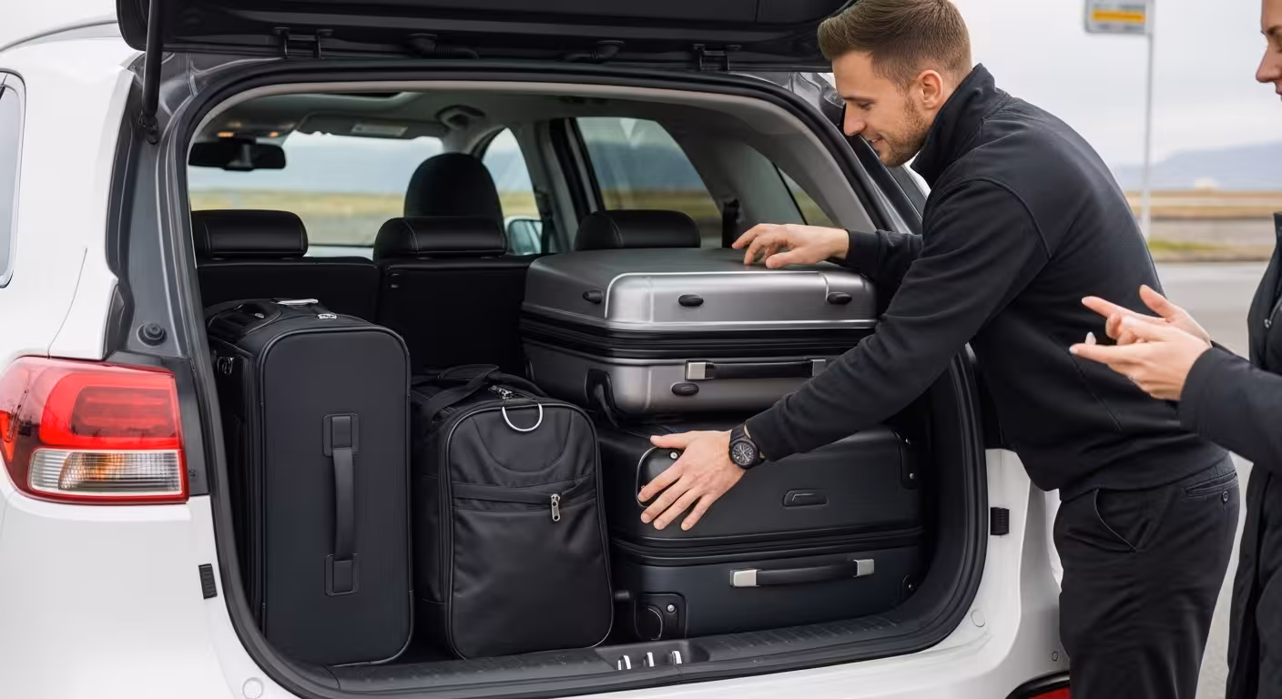 Professional driver carefully loading multiple suitcases into a private taxi SUV at the airport, demonstrating efficient luggage assistance.