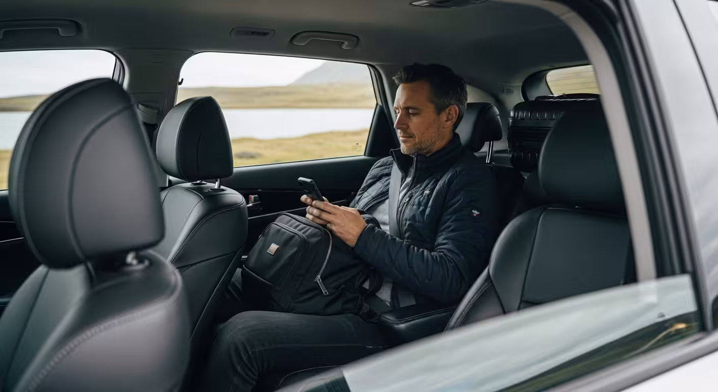 A traveler relaxing in the back of a private taxi, using their phone while enjoying the Icelandic scenery.