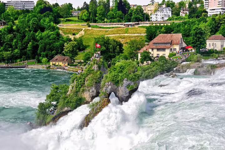 Scenic view of Rhine Falls cascading next to lush greenery, ideal for Zurich private day trips.
