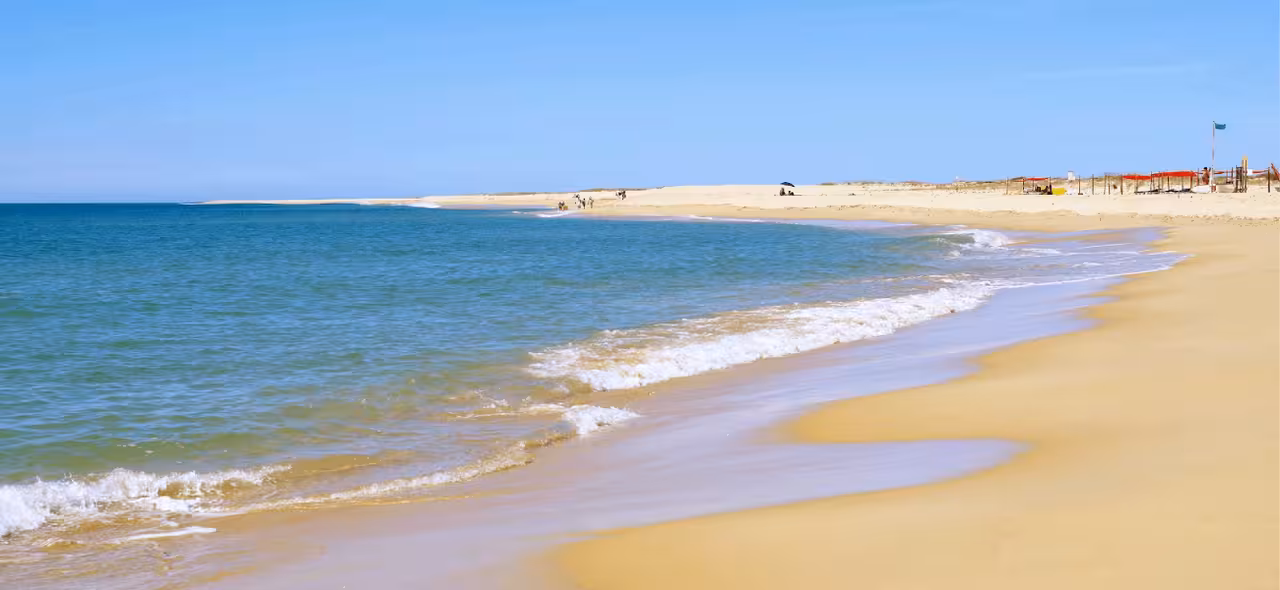 Golden sand beach and calm Atlantic waters on a Ria Formosa boat tour stop at Algarve barrier islands