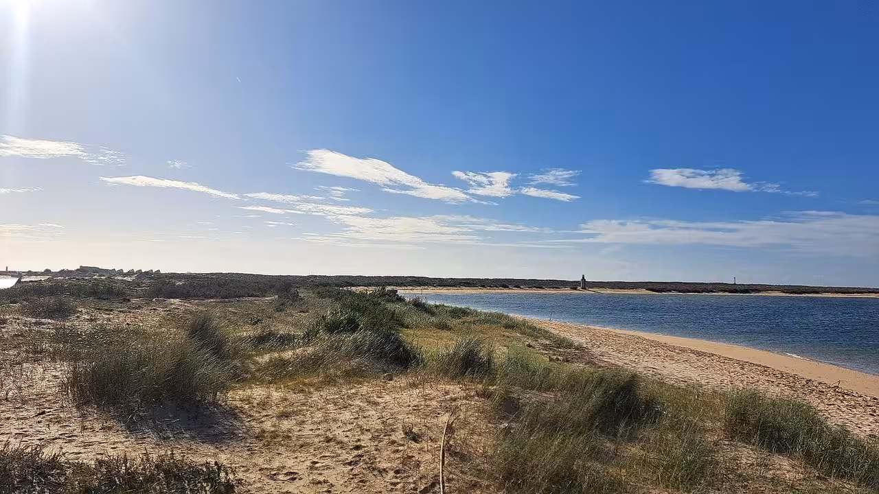 Sand dunes and calm lagoon shoreline in Ria Formosa near Faro, scenic stop on a private boat tour