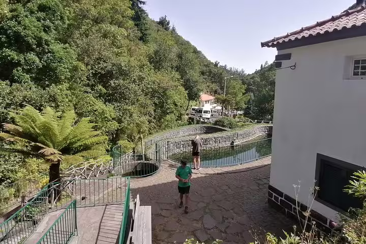 Scenic view of Ribeiro Frio with lush greenery, stone pathways, and a tranquil pond, perfect for nature tours.