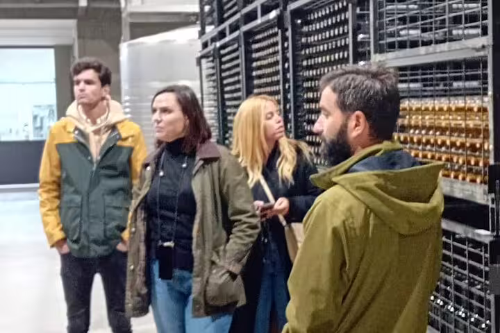 Visitors admire Ribera del Duero wine bottle collection on a guided tour from Madrid.