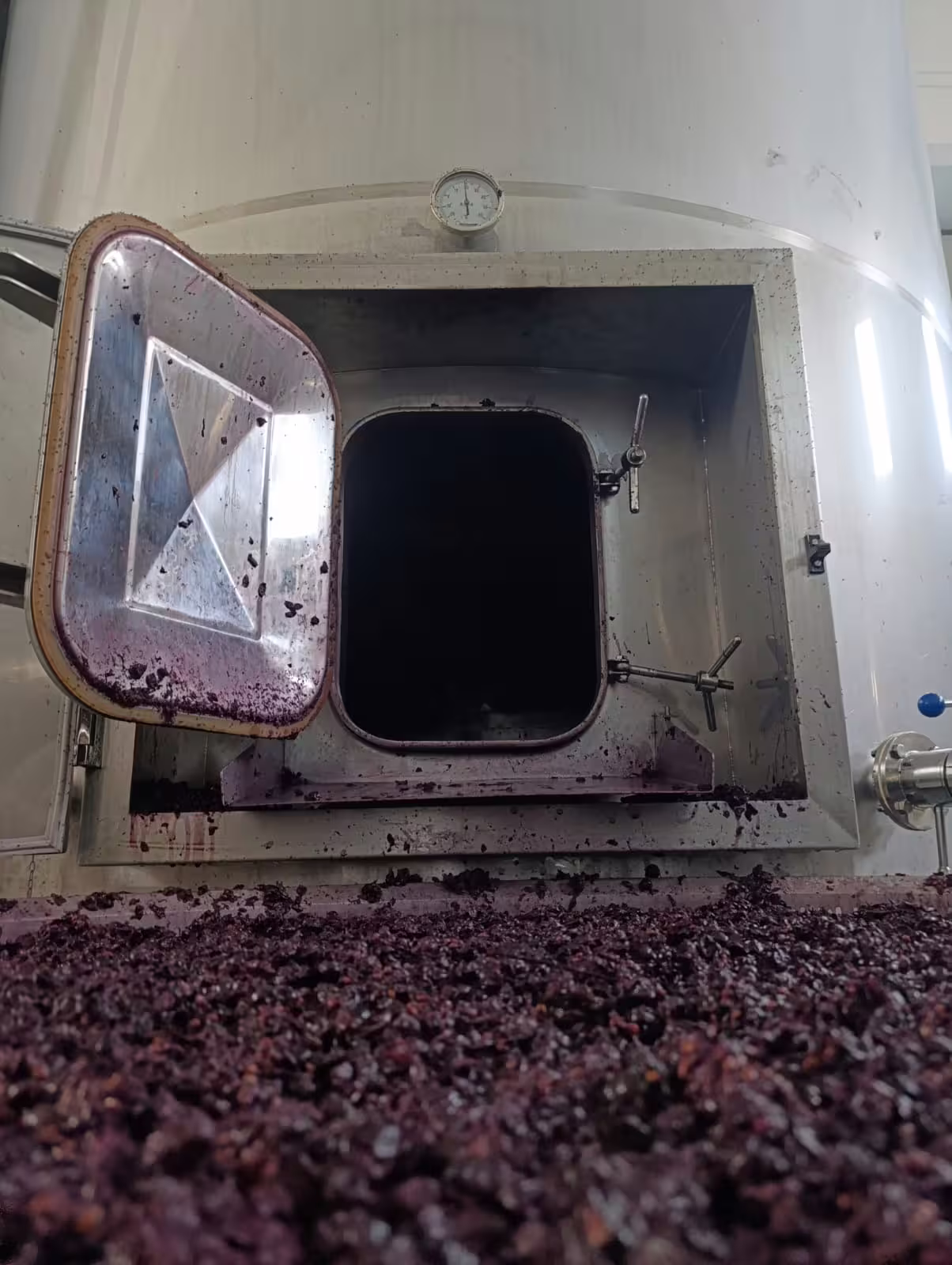 Experience Ribera del Duero's winemaking process with grape remnants in a fermentation tank.