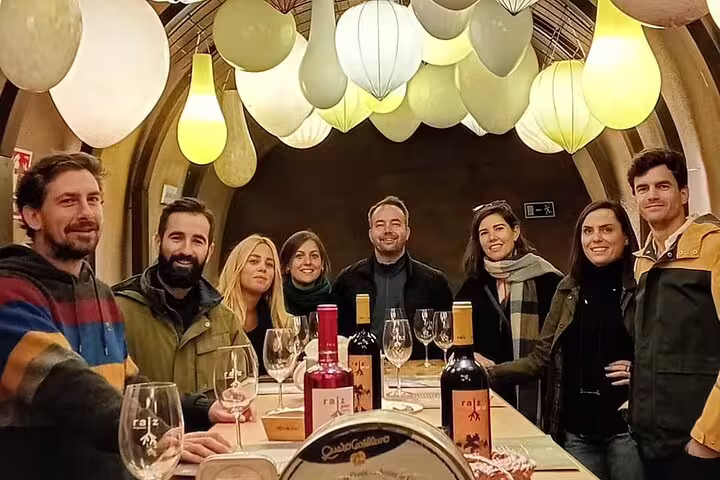 Group enjoying wine tasting under decorative lights at a Ribera del Duero winery during a tour from Madrid.