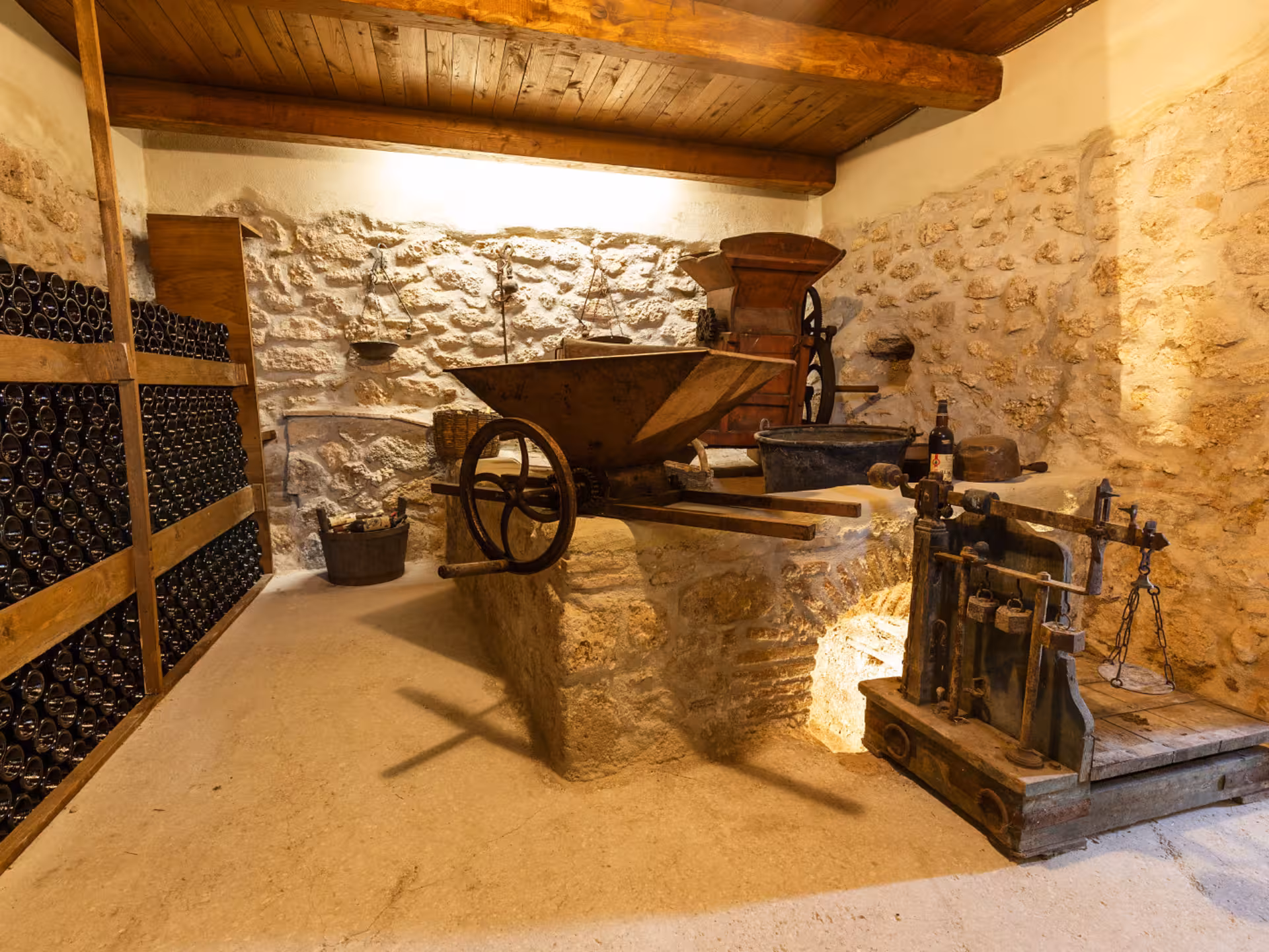 Rustic wine cellar with historical equipment in Rieti countryside tour.