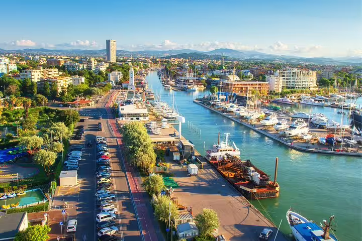 Aerial view of Rimini Marina and canal with yachts, scenic point on the Rimini scavenger hunt and highlights tour