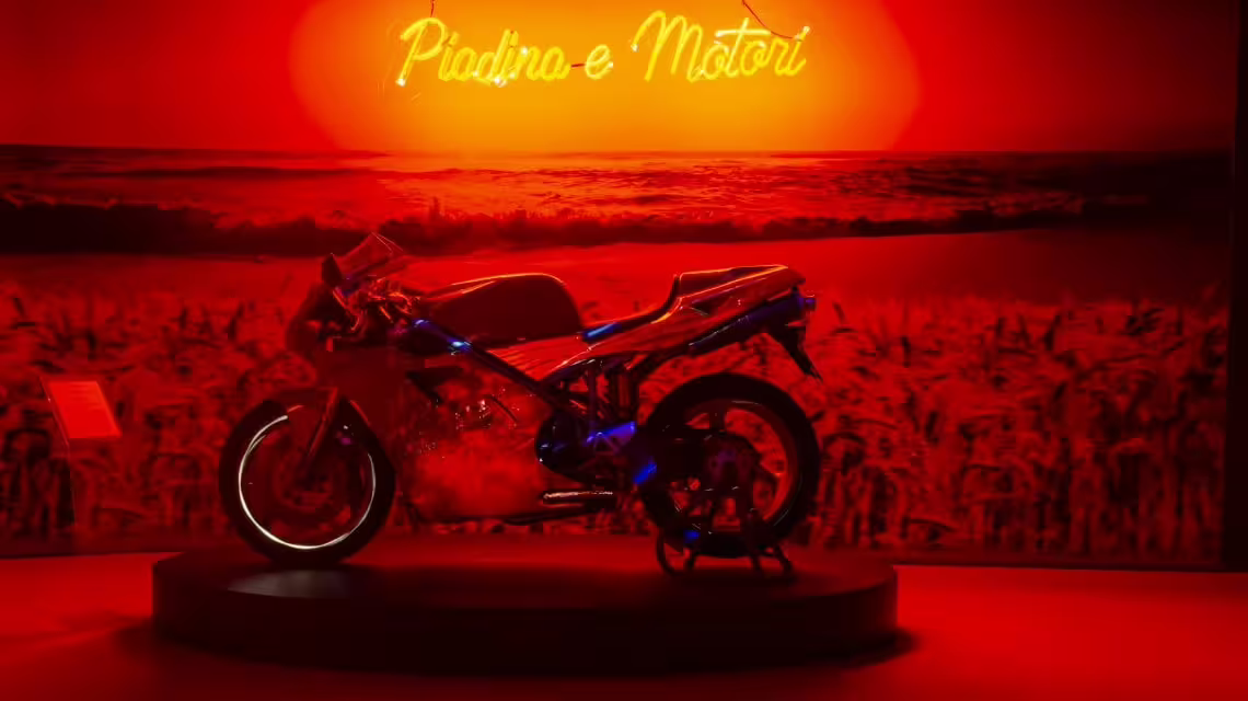 Motorbike display in Piadina e Motori room at Rimini Piadina Museum, interactive Emilia-Romagna food culture