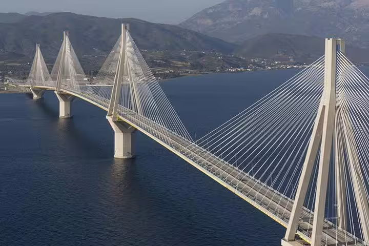 Aerial view of Rio–Antirrio Bridge over the Gulf of Corinth, scenic stop on Olympia full day tour