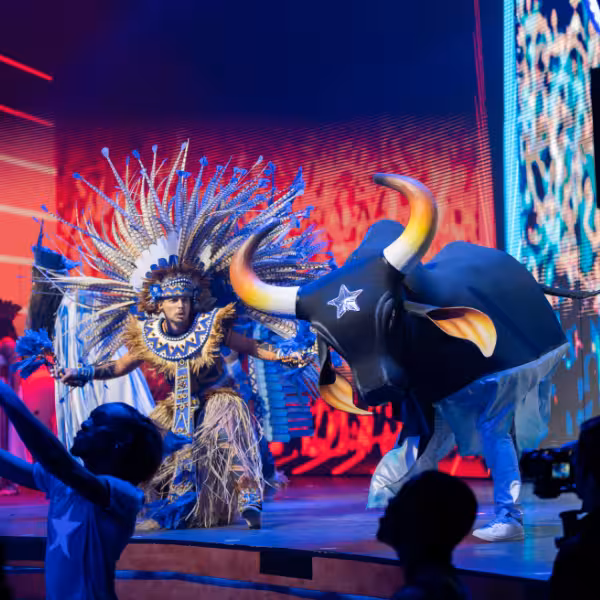 Colorful cultural performance with elaborate costumes and a bull figure at Roxy Copacabana's Rio By Night show.