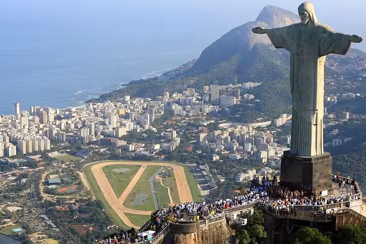 Aerial view of Christ the Redeemer statue overlooking Rio de Janeiro, a highlight on the way to Paraty.