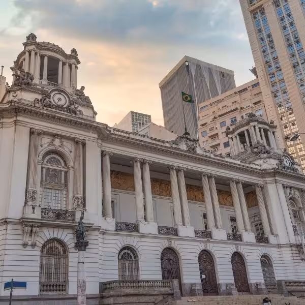 Elegant historic building in Rio's center at sunset, a highlight of the private walking tour experience.