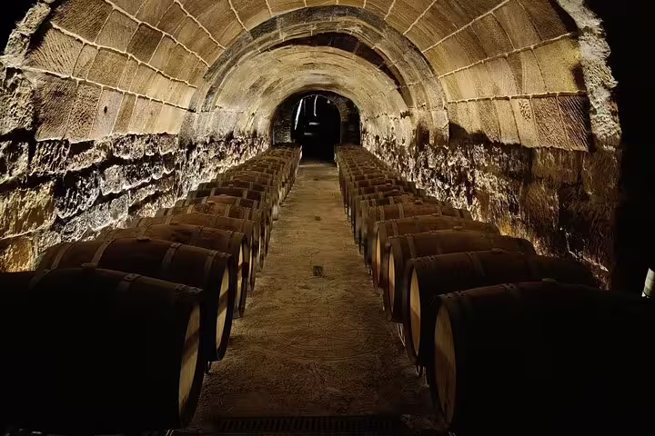 Traditional wine cellar in Rioja filled with aging barrels, highlighting the region's rich winemaking heritage.