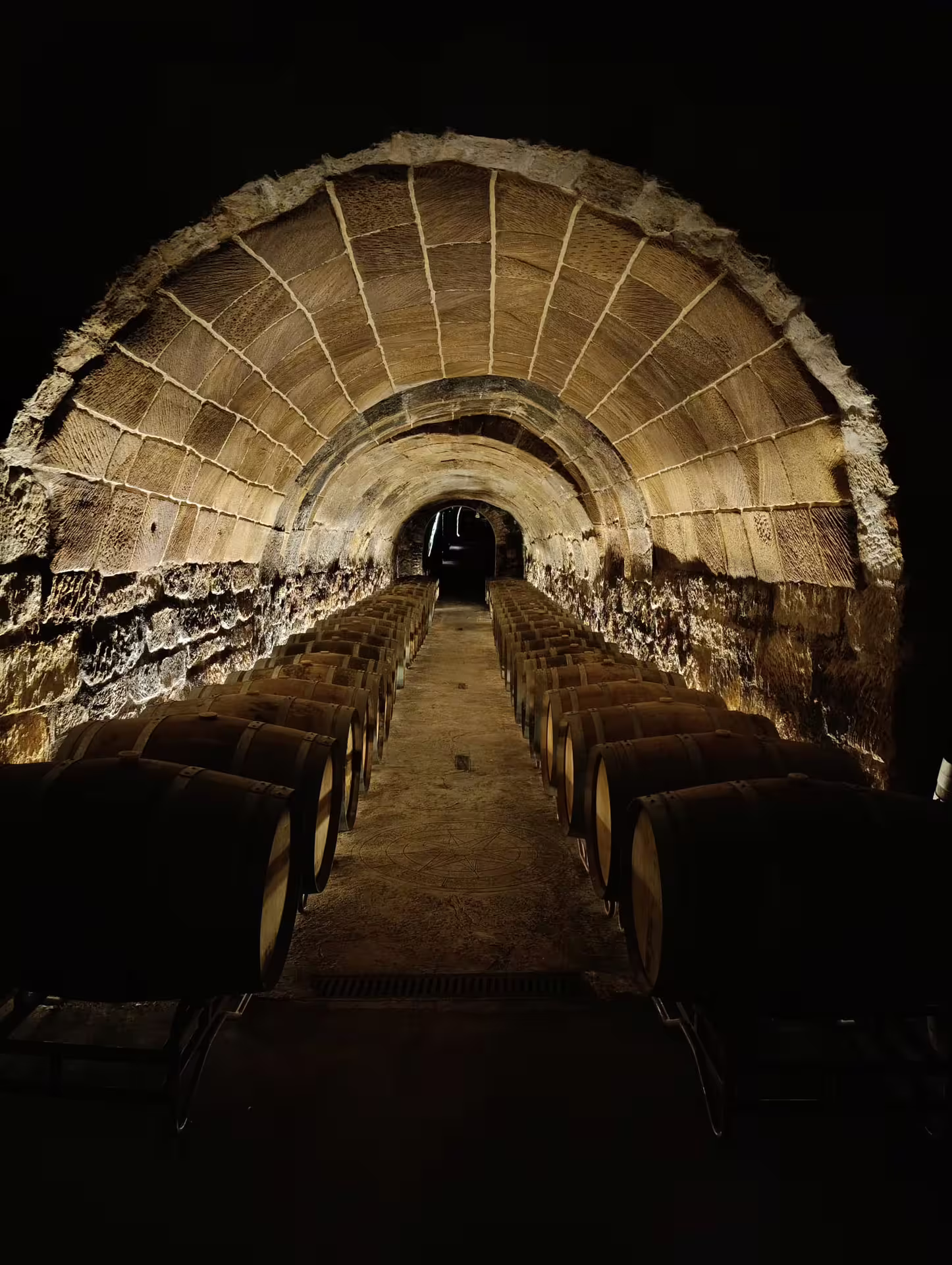 Historic Rioja wine cellar with rows of barrels, offering an authentic wine aging experience on the Three Day Rioja Wine Tour.