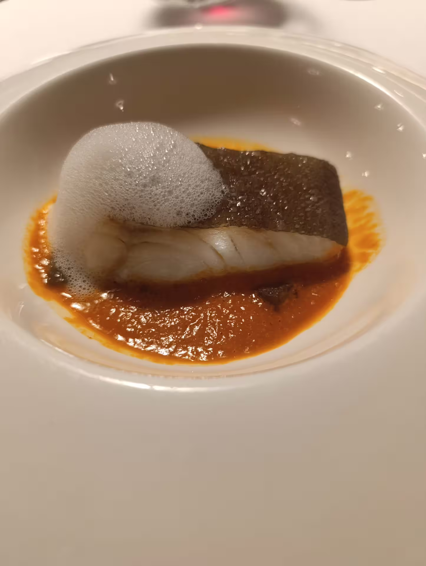 Exquisite cod dish with foam and rich sauce served on Rioja wine tour showcasing culinary artistry.
