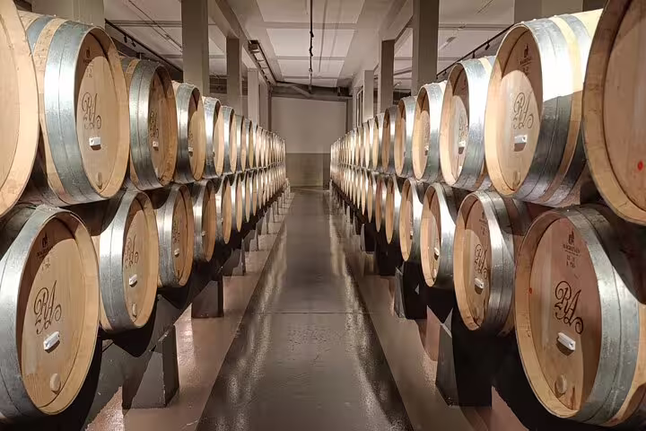 Rows of aging wine barrels in a dimly lit Rioja winery cellar, showcasing traditional winemaking heritage.