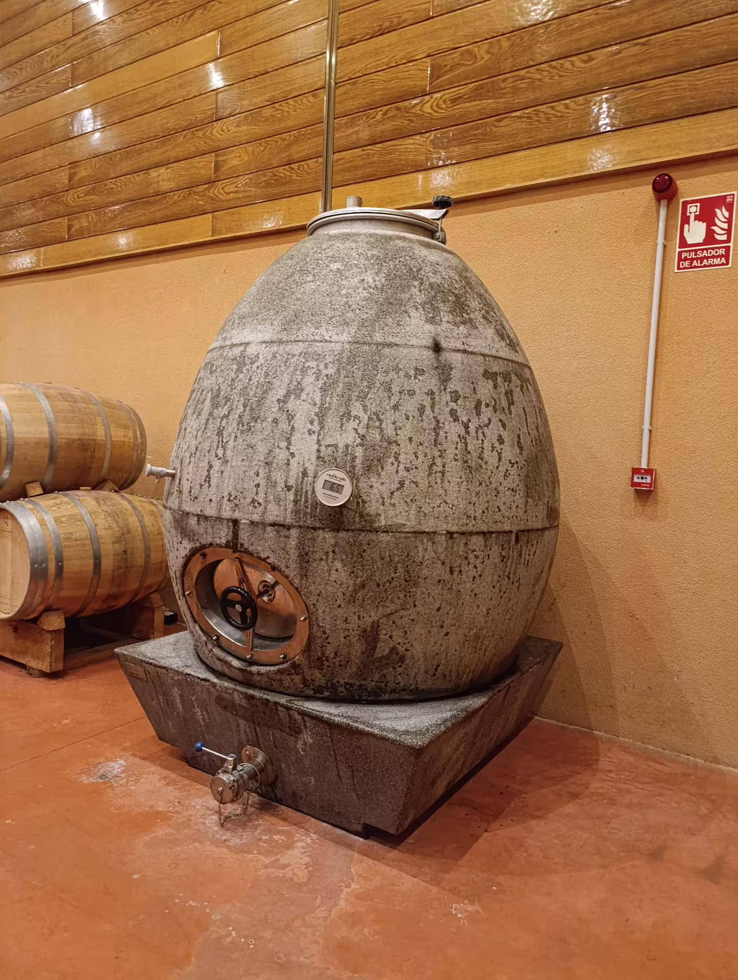 Concrete egg-shaped fermentation tank in Rioja winery, illustrating innovative wine-making techniques and craftsmanship.