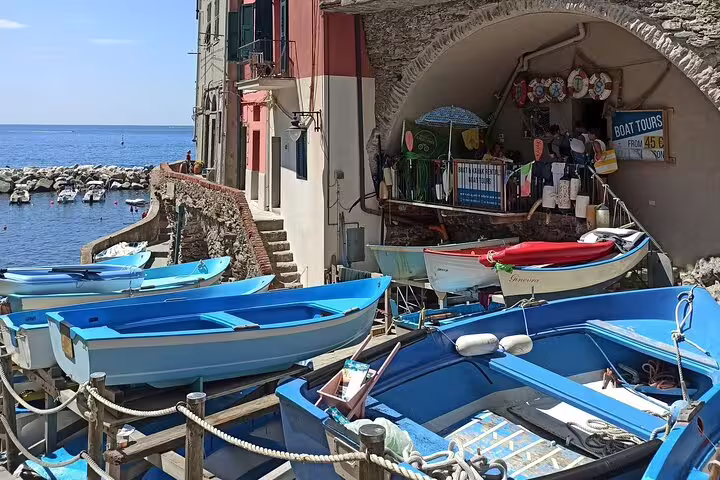 Blue fishing boats and boat tour stand in Riomaggiore harbor, Cinque Terre, on a scenic private day trip from Porto Venere