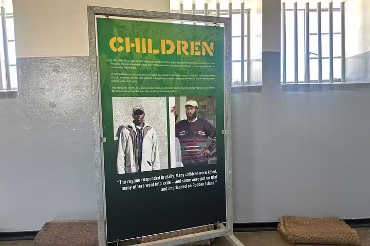 Exhibit on Robben Island highlighting the impact of imprisonment on children during apartheid.