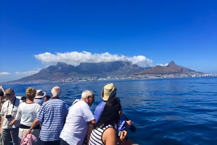 Tourists enjoy a scenic boat ride with a view of Table Mountain en route to Robben Island, Cape Town.