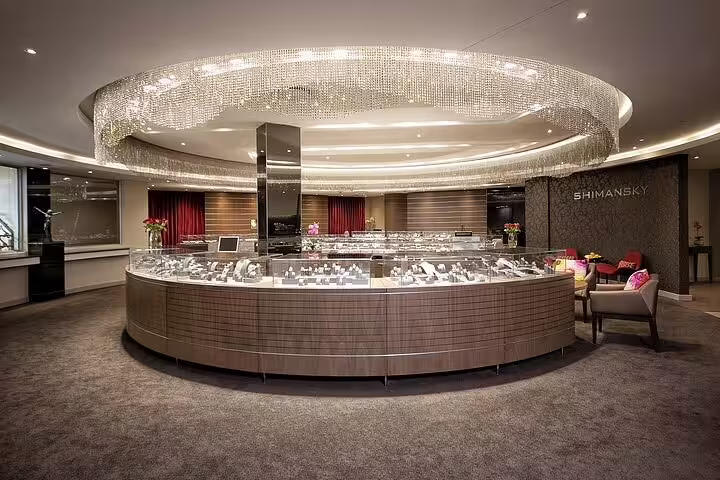 Elegant diamond display at Shimansky showroom, part of the Diamond Museum tour in the Robben Island experience.