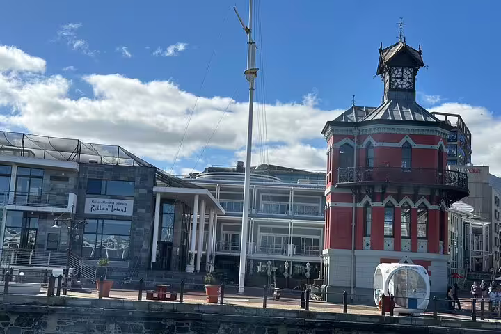 View of the Nelson Mandela Gateway and Clock Tower at V&A Waterfront, starting point for Robben Island tours.