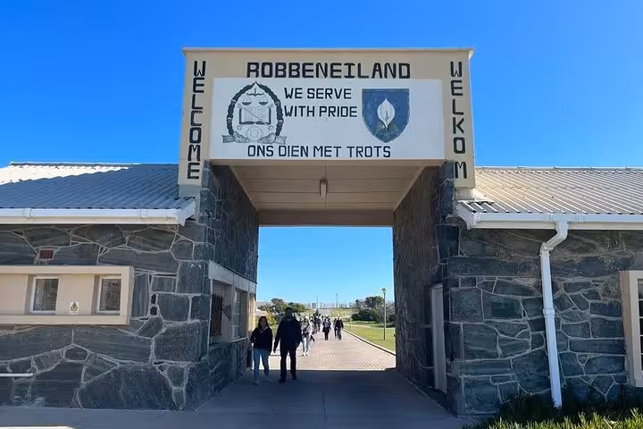 Entrance to Robben Island with welcome sign, marking the start of the informative half-day tour.