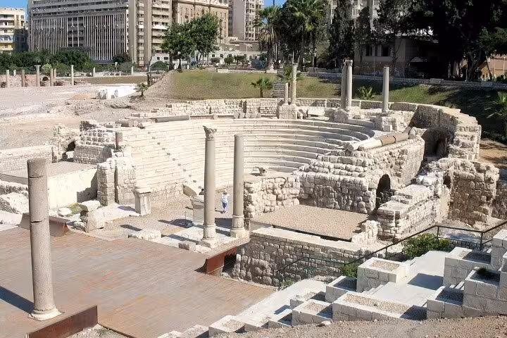 Roman Amphitheatre of Kom El Dikka ruins in Alexandria, Egypt, on a coastal city heritage tour