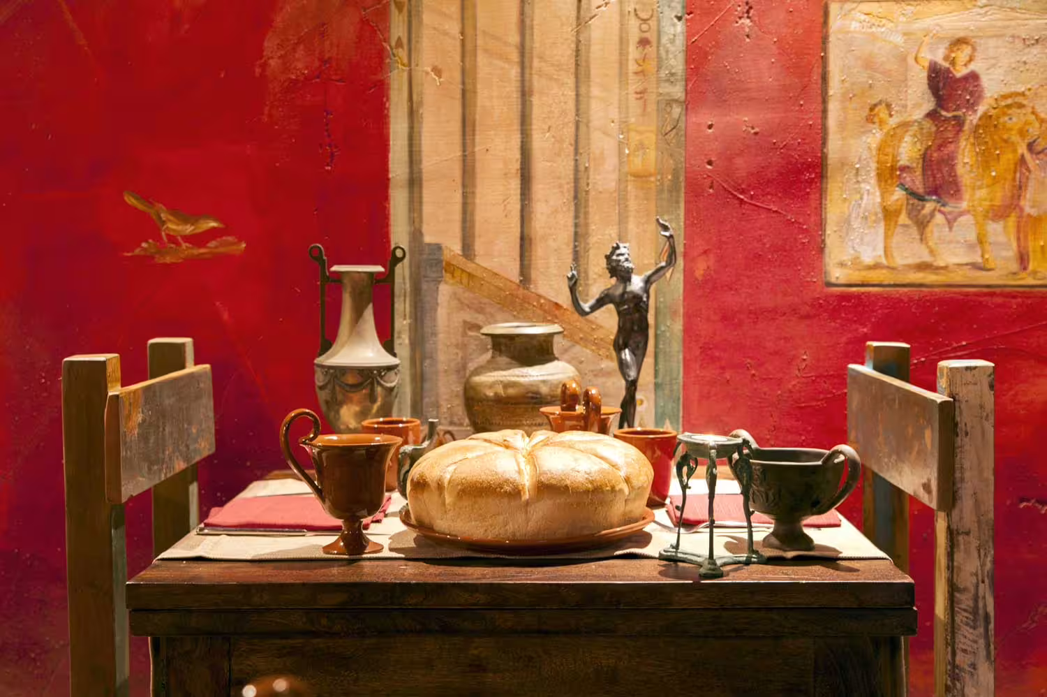 Ancient-style Roman caupona table set for New Year’s Eve with bread, bronze statue, pottery and frescoed red walls in Pompeii
