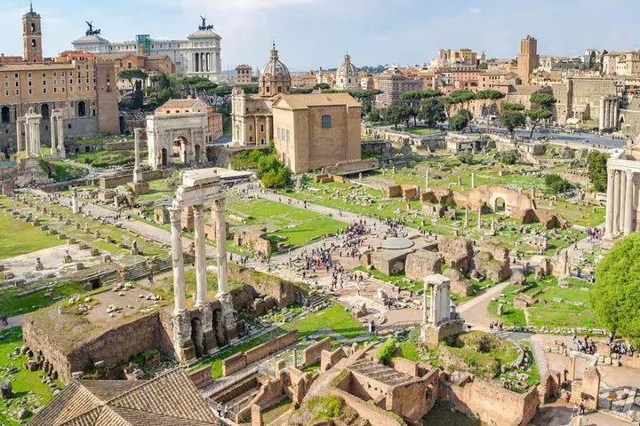 Aerial view of the Roman Forum archaeological site visited on a Colosseum, Palatine Hill and Forum guided tour
