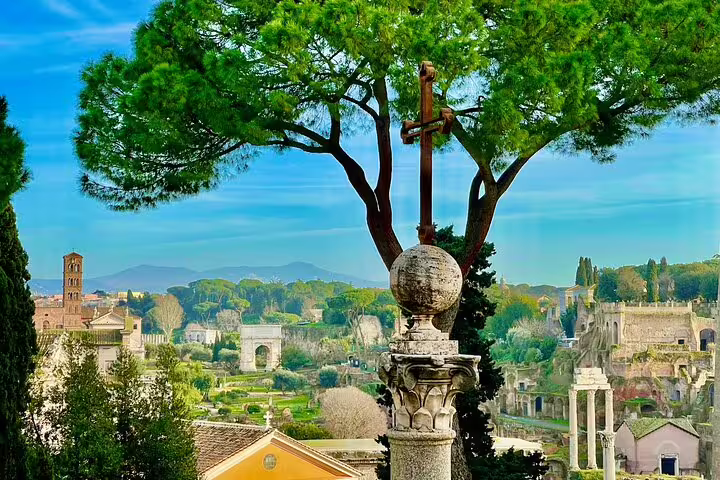 Panoramic view of Roman Forum ruins and gardens from Capitoline Hill, included in Civitavecchia to Rome skip-the-line tour