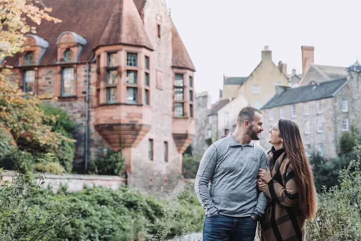 Romantic couple photoshoot in Dean Village Edinburgh with professional photographer and historic backdrop