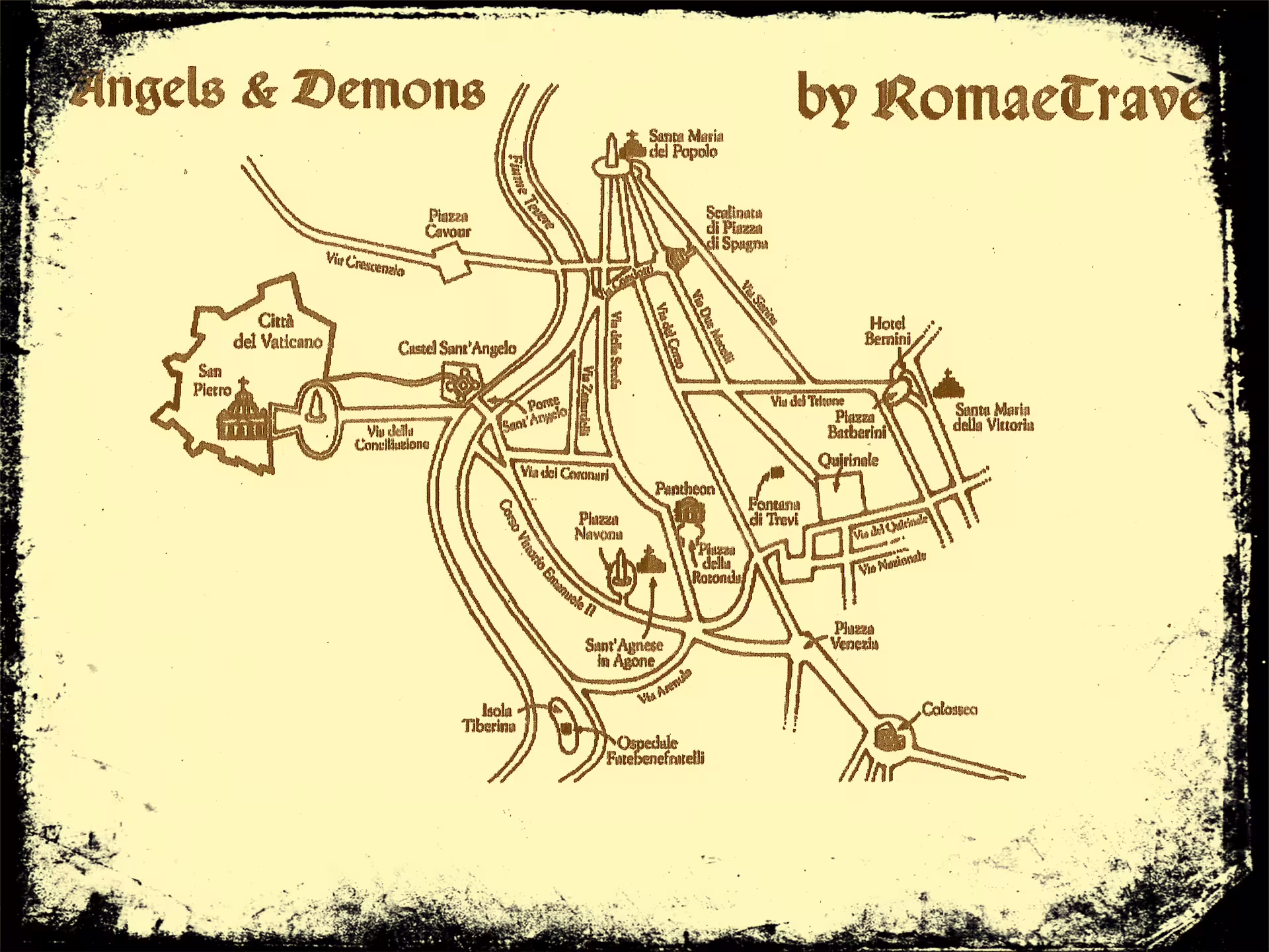 Vintage-style Angels and Demons tour map of Rome highlighting Vatican City, Castel Sant’Angelo, Pantheon and main filming sites