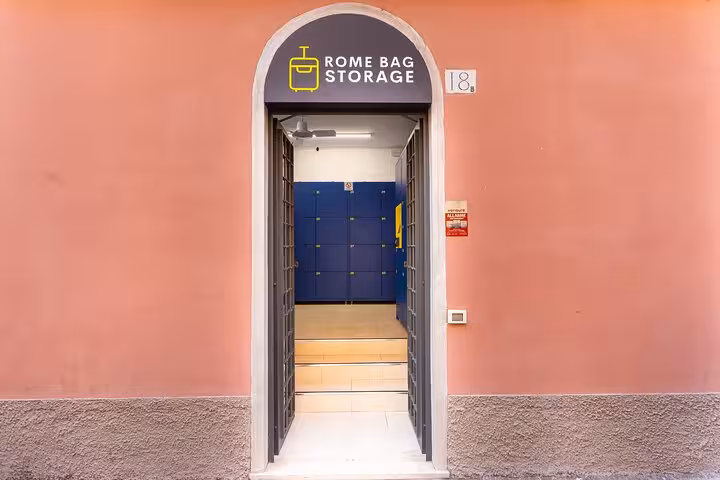 Entrance to Rome Bag Storage with secure lockers and modern design for convenient luggage storage.
