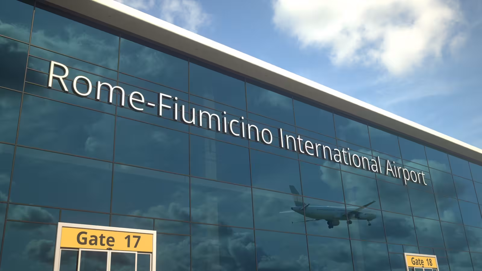 Rome Fiumicino International Airport exterior, perfect starting point for private one-way transfer to Rome city center.