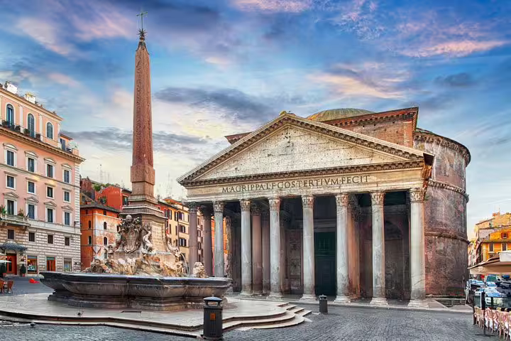 View of the Pantheon and fountain in Rome city center, a stop on the Rome hop on hop off bus and Colosseum Vatican tour