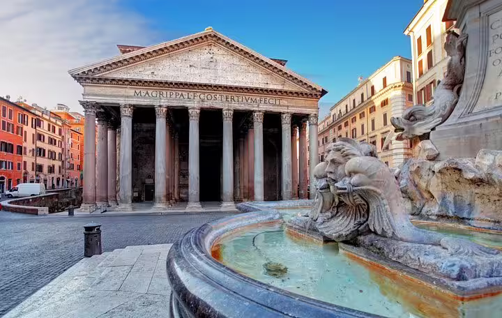 Morning view of Rome’s Pantheon and Piazza della Rotonda fountain on a guided famous squares and fountains walking tour