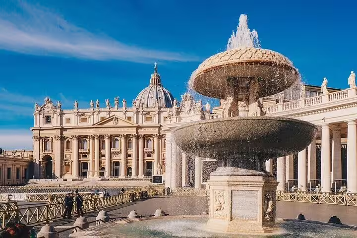 St Peter’s Basilica and ornate fountain in Vatican City visited on a Rome private sightseeing and catacombs tour with transfer