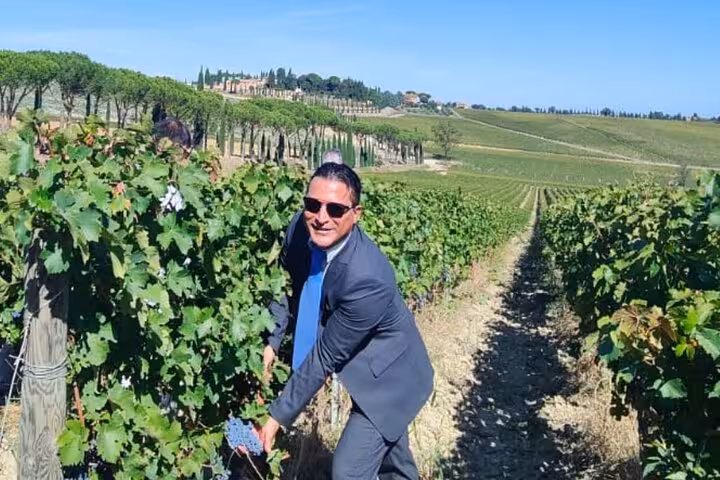 Man in vineyard picking grapes under a clear blue sky, highlighting hands-on experience in Rome wine tour.