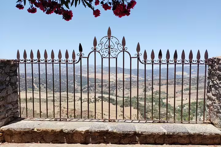 Scenic view of Ronda's countryside through ornate wrought iron railing on a private walking tour.