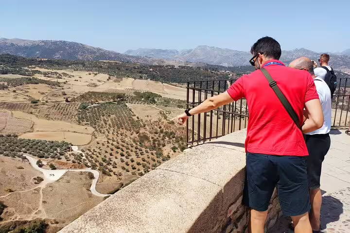 Tourists enjoy panoramic views of Ronda's countryside from a scenic overlook on a private walking tour.