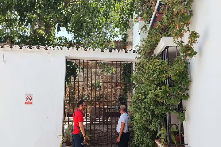 Two men conversing near a gated entrance adorned with lush greenery in Ronda's charming streets.