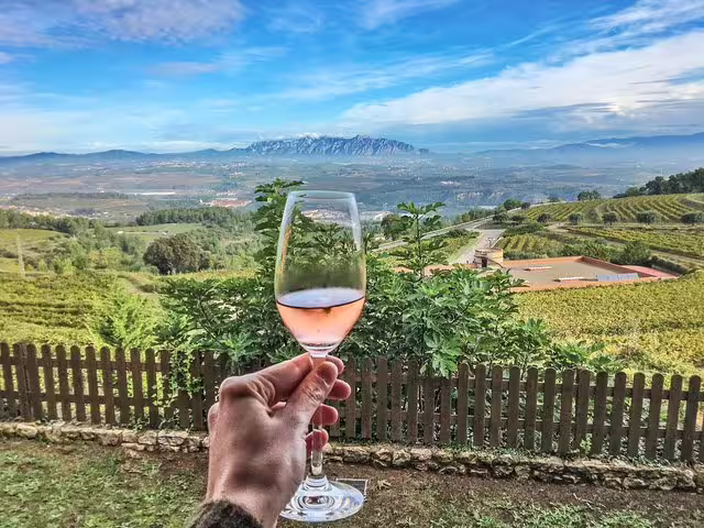 Hand holding a glass of rosé wine overlooking scenic vineyards and Montserrat mountains during Penedes winery tour.