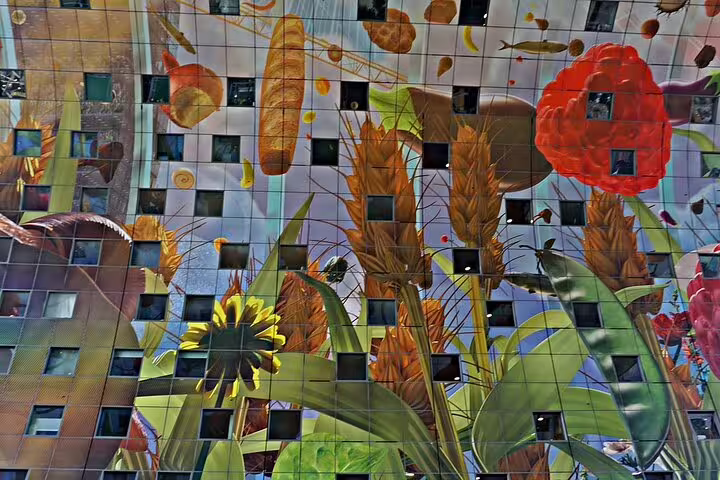 Rotterdam Markthal colorful ceiling mural, a highlight on a private Amsterdam to Rotterdam tour with local expert