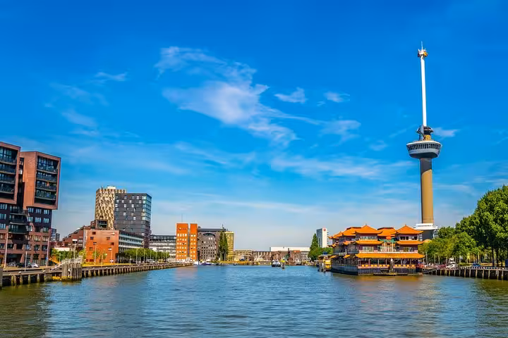 Rotterdam skyline with Euromast and waterfront, modern highlight on Famous Holland tour day trip from Amsterdam